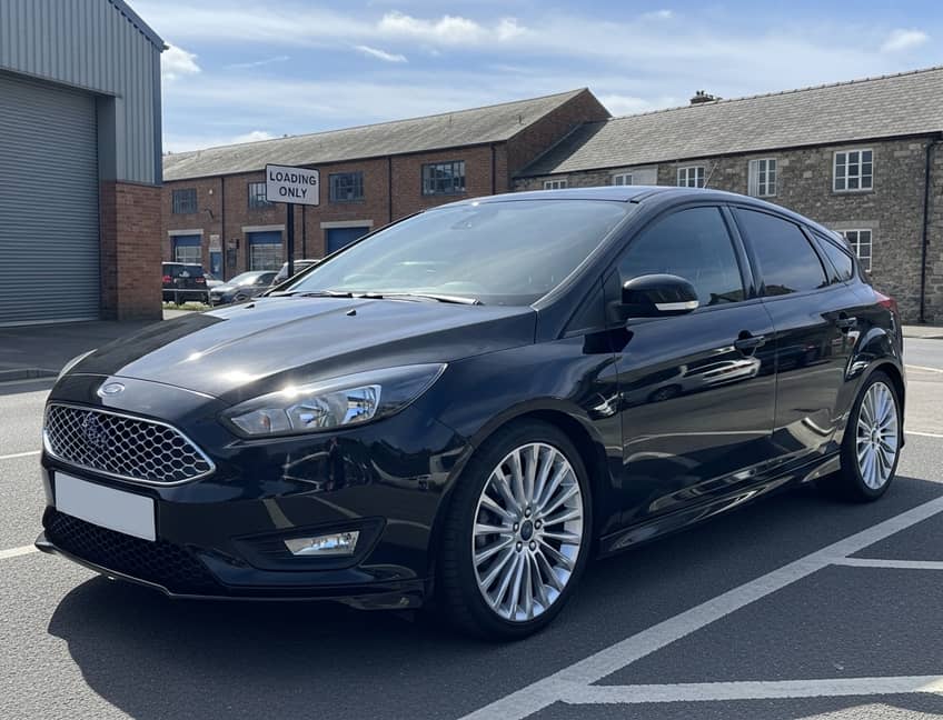 Blue Ford Focus on a Devon country lane with traditional stone walls and rolling hills, representing quality vehicle hire in Totnes's beautiful countryside